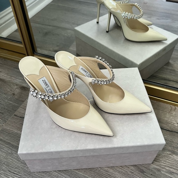 Jimmy Choo Bing 100 Ivory Patent Leather Mules with Crystal Strap - Picture 1 of 15